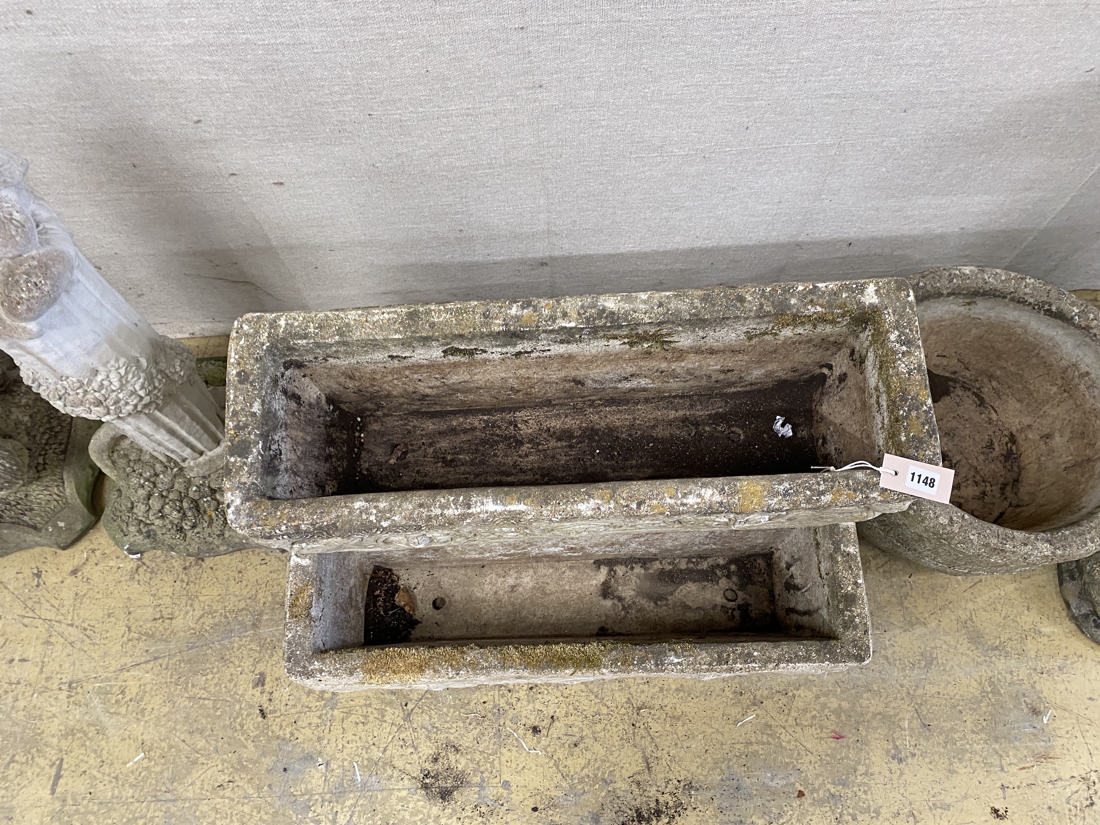 A set of three rectangular reconstituted stone garden troughs, width 72cm, depth 24cm, height 24cm